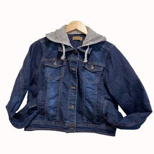 C'EST TOI Stretch Button Up Denim Jacket with French Terry Detachable Hood